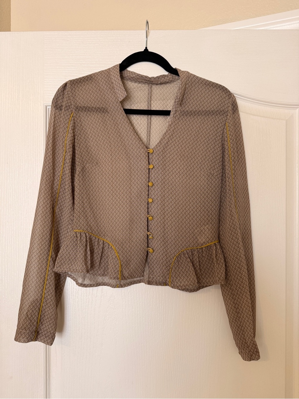 Darling Taupe Button-Front Peplum Blouse -